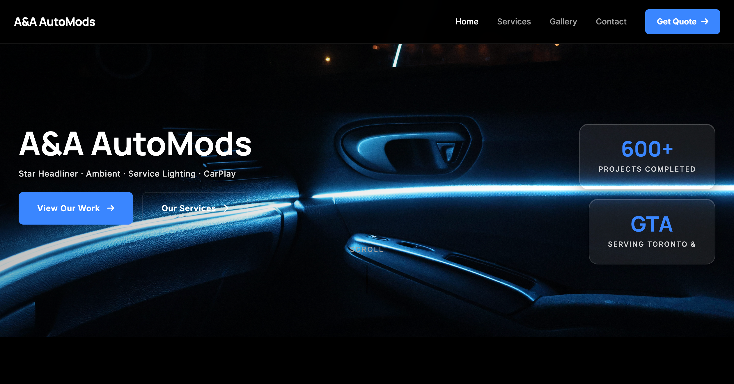 A&A AutoMods website hero — car interior with blue ambient lighting, navigation and project stats.